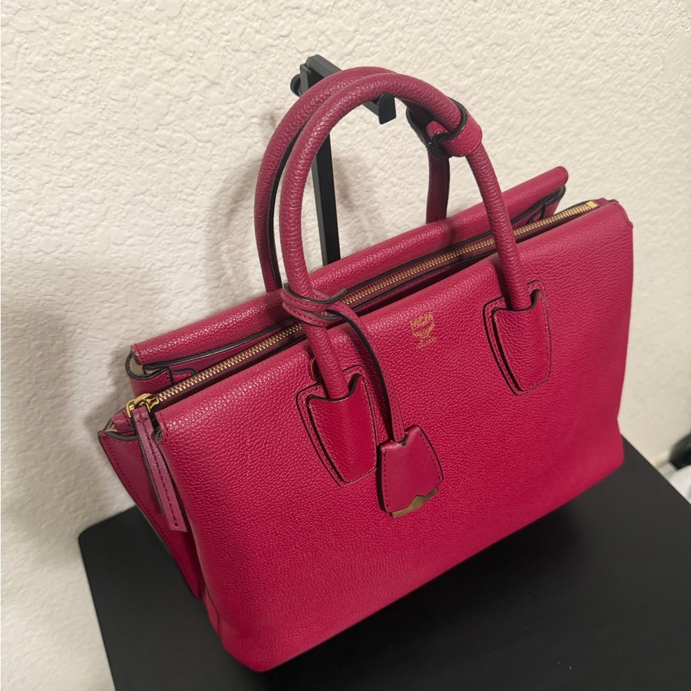 MCM Wine Red Pebbled Leather Top-Handle Satchel - Picture 2 of 8
